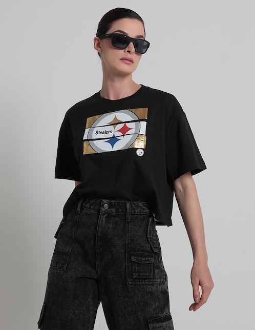 Playera deportiva para fútbol americano New Era Pittsburgh Steelers de mujer